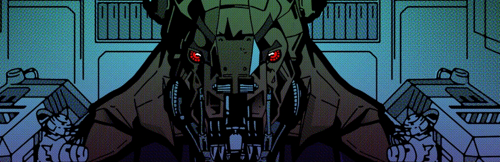 The face of a doge mech staring at you