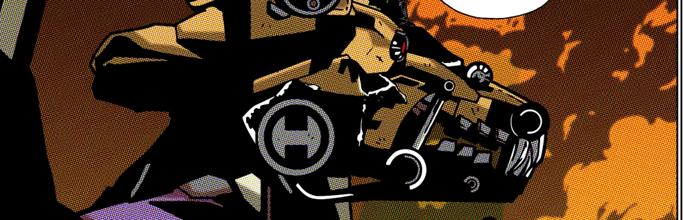 The arm of a doge mech with the doge symbol on its shoulder